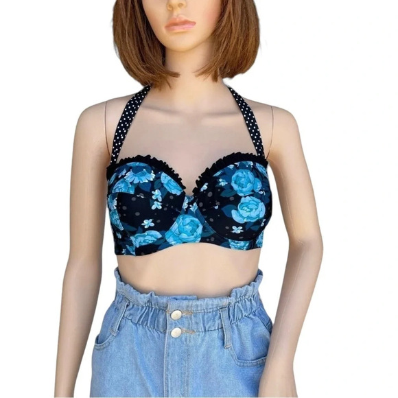 HOT TOPIC Women’s Size L Blue Rose & Polka Dot Tied Back Swim Top - Picture 1 of 2
